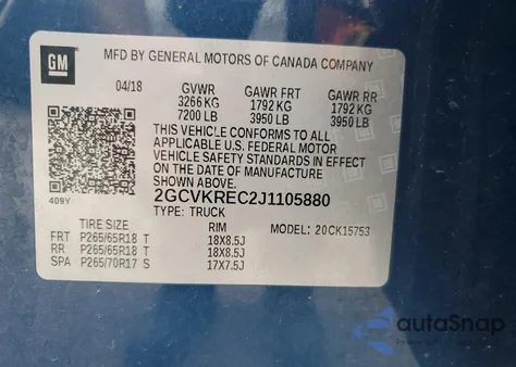 2018 Chevrolet Silverado K1500 Lt z USA, uszkodzony, nr VIN 2GCVKREC2J1105880